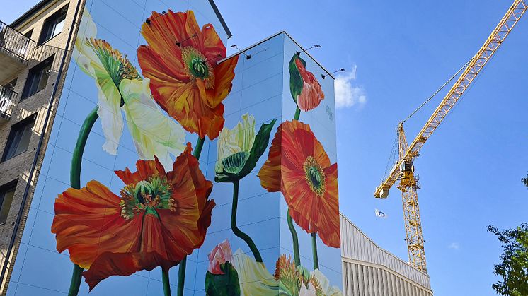 ABK:s världsunika muralmålning i Östermalms Park i centrala Kristianstad, målad av Malin "Korallpionen" Sparrvardt.