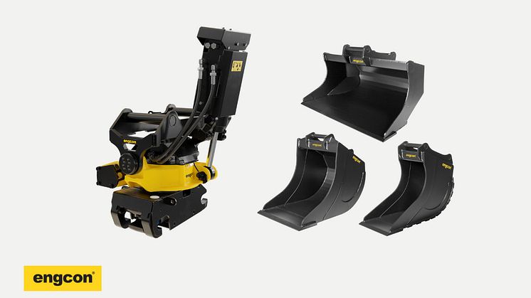 engcon produkter; tiltrotator, grävskopa, planerskopa, kabelskopa.