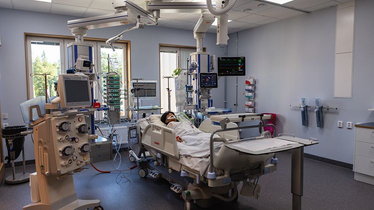 Sjukhussal med säng omgiven av medicinsk apparatur. En docka ligger i sängen.
