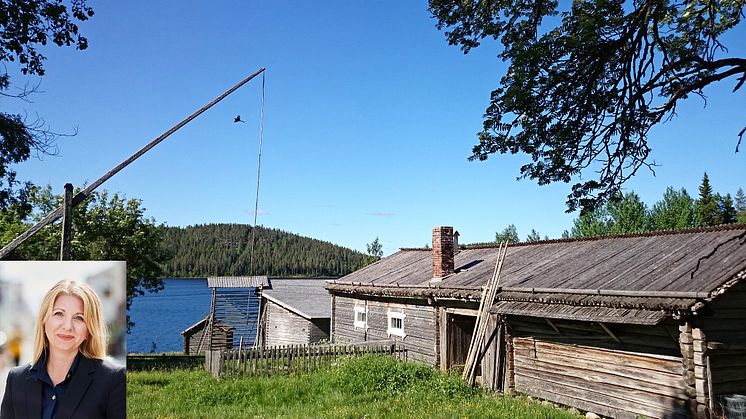 Gammal kulturhistorisk byggnad från Gallejaur i Arvidsjaur. Inklippt bild på Erika Mattson, Sparbanken Nord.