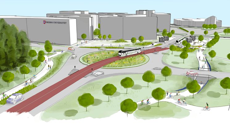 Illustration över hur Universitetsrondellen kommer se ut när arbetet med att anpassa gatan för Citylinjen är färdigt.