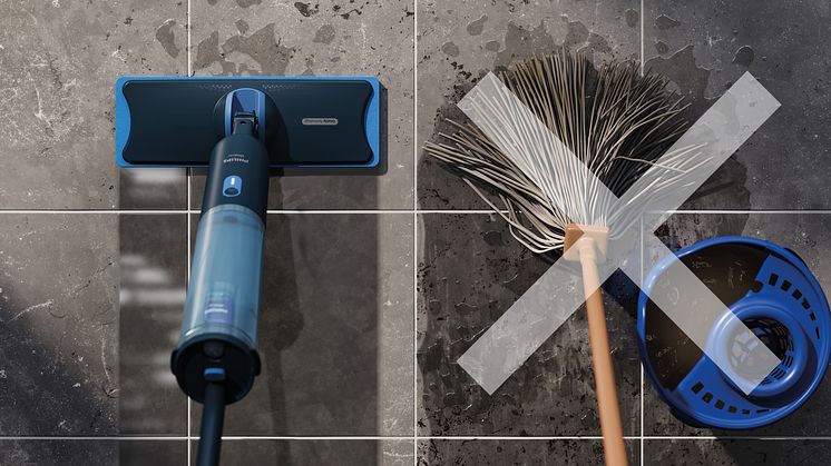 Philips OneUp 3000 Series versus a traditional mop and bucket with a visual icon of a cross over