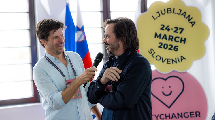 Mathis Hampel and Rok Žnidaršič on stage at the Urban Future UF26 kick-off event