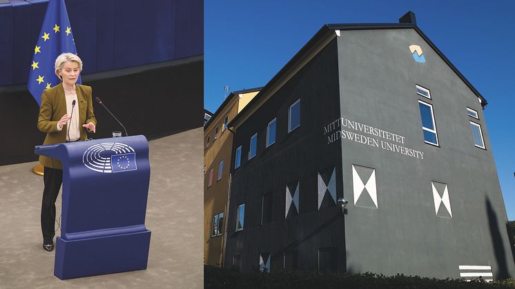 Bildkollage med del en kvinna som står i en talarstol, dels byggnader på ett universitetscampus.