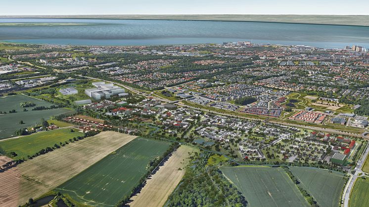 Visionsbild av bostadsområdet Östra Ramlösa från luften.