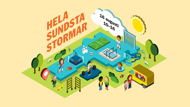 Hela Sundsta stormar 16 augusti klockan 10.00-16.00. Illustration över området.