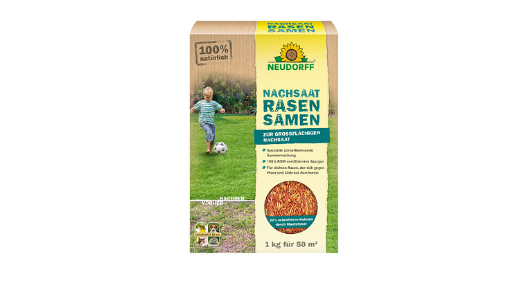 Neudorff schnell keimende Rasen Nachsaat-Mischung. Damit kahler Rasen schnell wieder grünt.