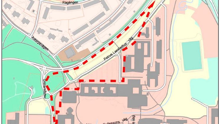 Kartbild över ett område norr om universitetet som visar det aktuella planområdet markerat med röd streckad linje. 