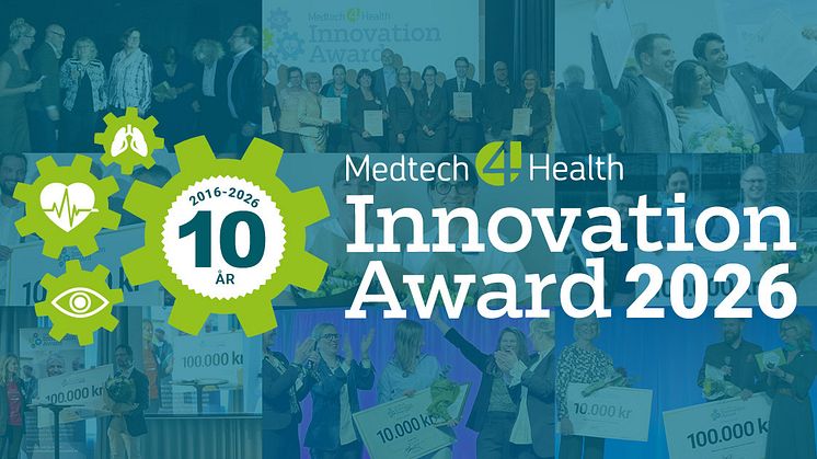Logotypen till Medtech4Health Innovation Award ovanpå bilder från tidigare vinnare.