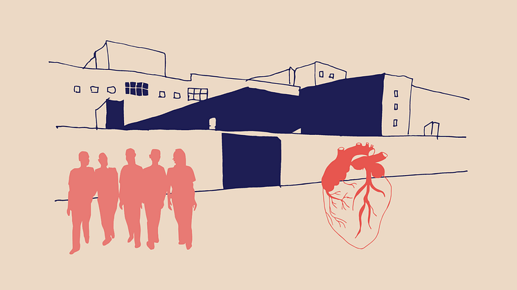Illustration av Södersjukhuset, medarbetare och ett anatomiskt hjärta.
