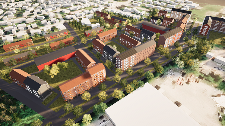 Illustration av ett nytt bostadsområde med flerbostadshus i varierande höjd och färg, omgivna av träd och grönytor.