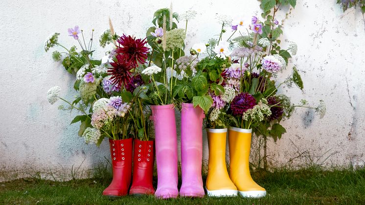 Gummistövlar i färgglada färger med blommor i skaften ståendes på en gräsmatta mot en vit husvägg