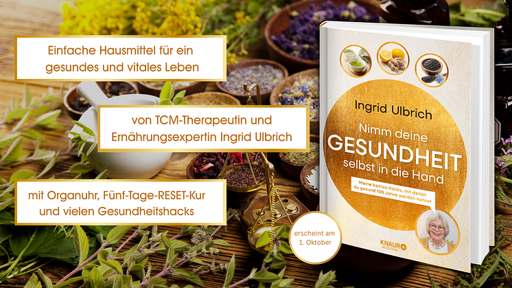 Buch mit dem Titel "Nimm deine Gesundheit selbst in die Hand" steht neben einem Mörser und Schüsseln mit Kräutern