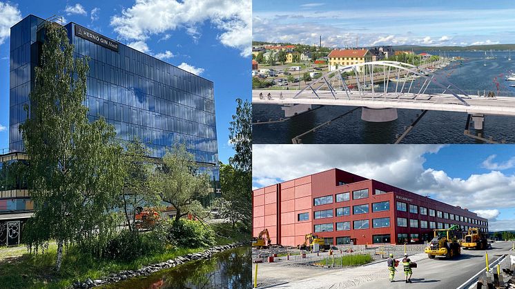 collage med bilder på två byggnader och en bro