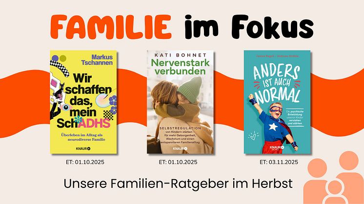 Auf beigem Hintergrund mit oranger Welle die drei Cover der Bücher. Rechts unten das abstrakte Logo einer Familie.