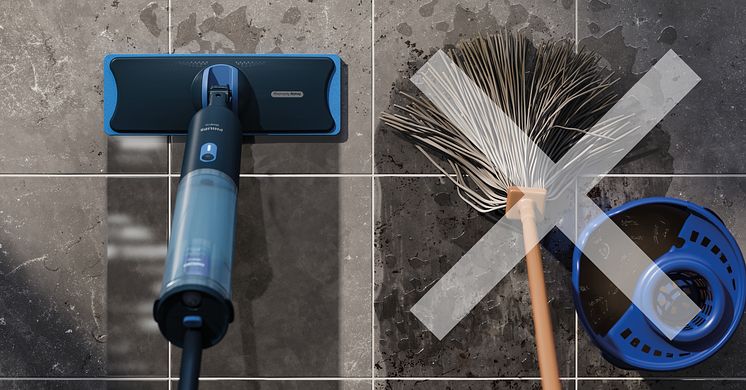 Philips OneUp 3000 Series versus a traditional mop and bucket with a visual icon of a cross over