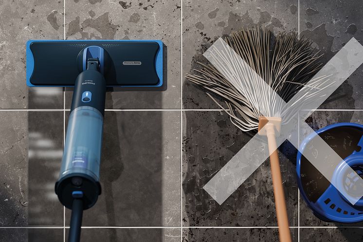 Philips OneUp 3000 Series versus a traditional mop and bucket with a visual icon of a cross over