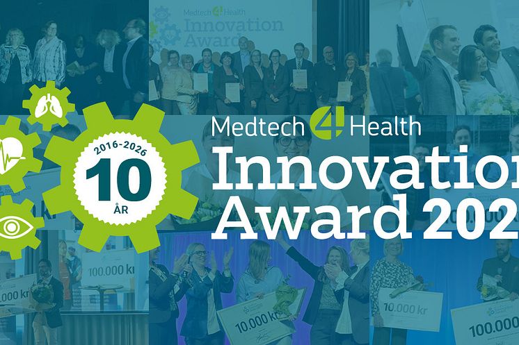 Logotypen till Medtech4Health Innovation Award ovanpå bilder från tidigare vinnare.