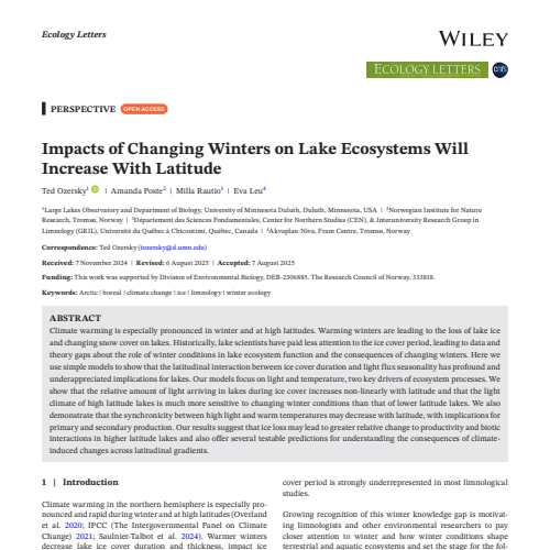 Impacts of Changing Winters on Lake Ecosystems Will  Increase With Latitude - Publication in Ecology Letters