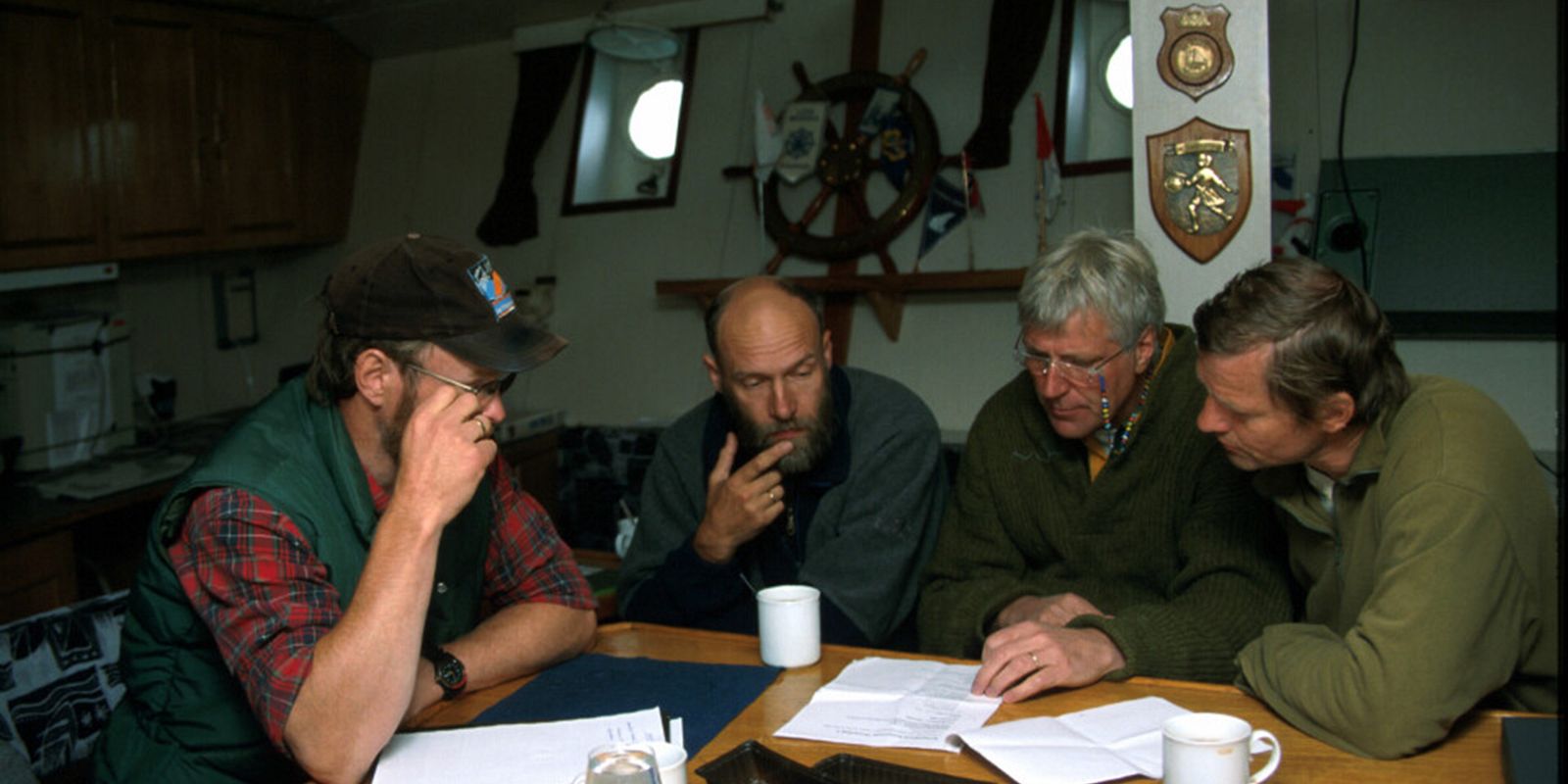 Frequent collaborators, left to right: Haakon Hop, Jan-Marcin Węsławski head of cruise, now director of IOPAN, Stig Falk-Petersen, and Salve Dahle onboard RV Oceania in 1996. Photo: Mikael Westh Hammer