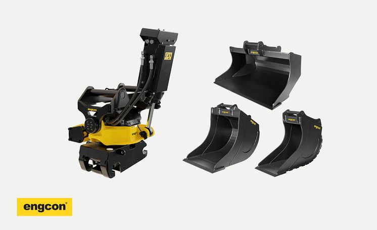 engcon produkter; tiltrotator, grävskopa, planerskopa, kabelskopa.