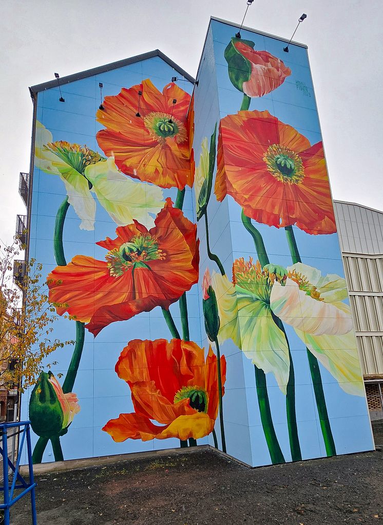 ABK:s världsunika muralmålning i Östermalms Park i centrala Kristianstad, målad av Malin "Korallpionen" Sparrvardt.