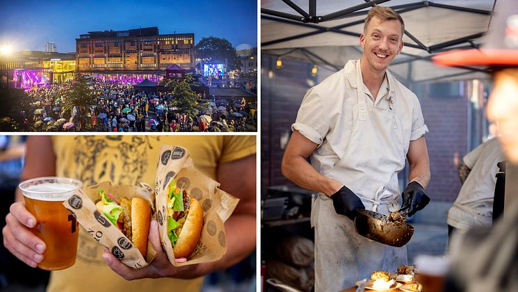 Kollage med flera bilder: Konsert under Matfestivalen utomhus, en kock som står och serverar från en kastrull och en person s