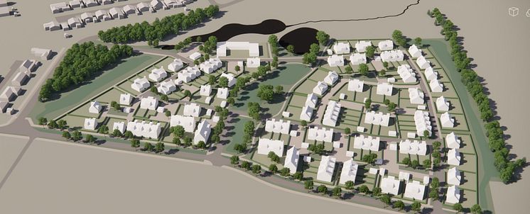 Illustration som visar planerade hus med inslag av träd och gröna ytor. 