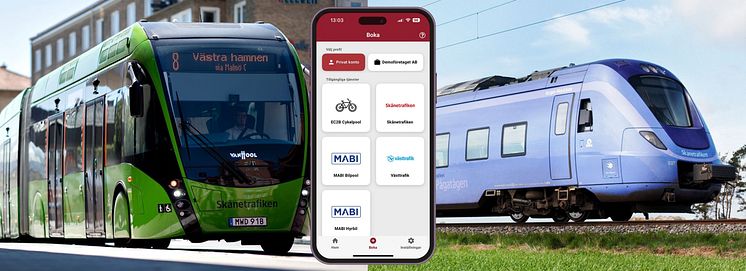 Bildmontage Skanetrafikens buss och tåg, EC2B-appen