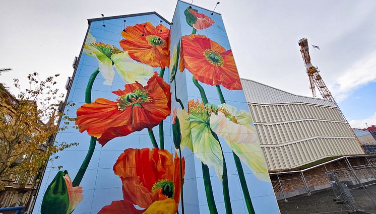 ABK:s världsunika muralmålning i Östermalms Park i centrala Kristianstad, målad av Malin "Korallpionen" Sparrvardt.