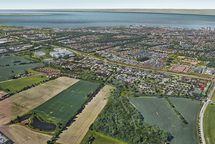 Visionsbild av bostadsområdet Östra Ramlösa från luften.